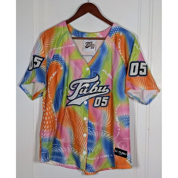 FUBU Tops - Fubu x Forever 21 Jersey Women's XL Short Sleeve Tie Dye Y2K Button Up VTG Retro